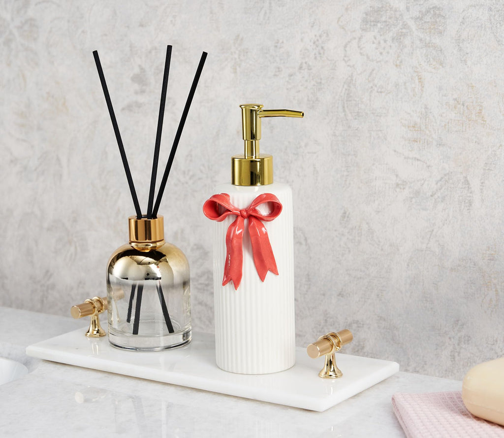 Handmade Ceramic Bow Soap Pump Dispenser Hand Lotion Liquid Dispenser Refillable for Kitchen and Bathroom Decorative