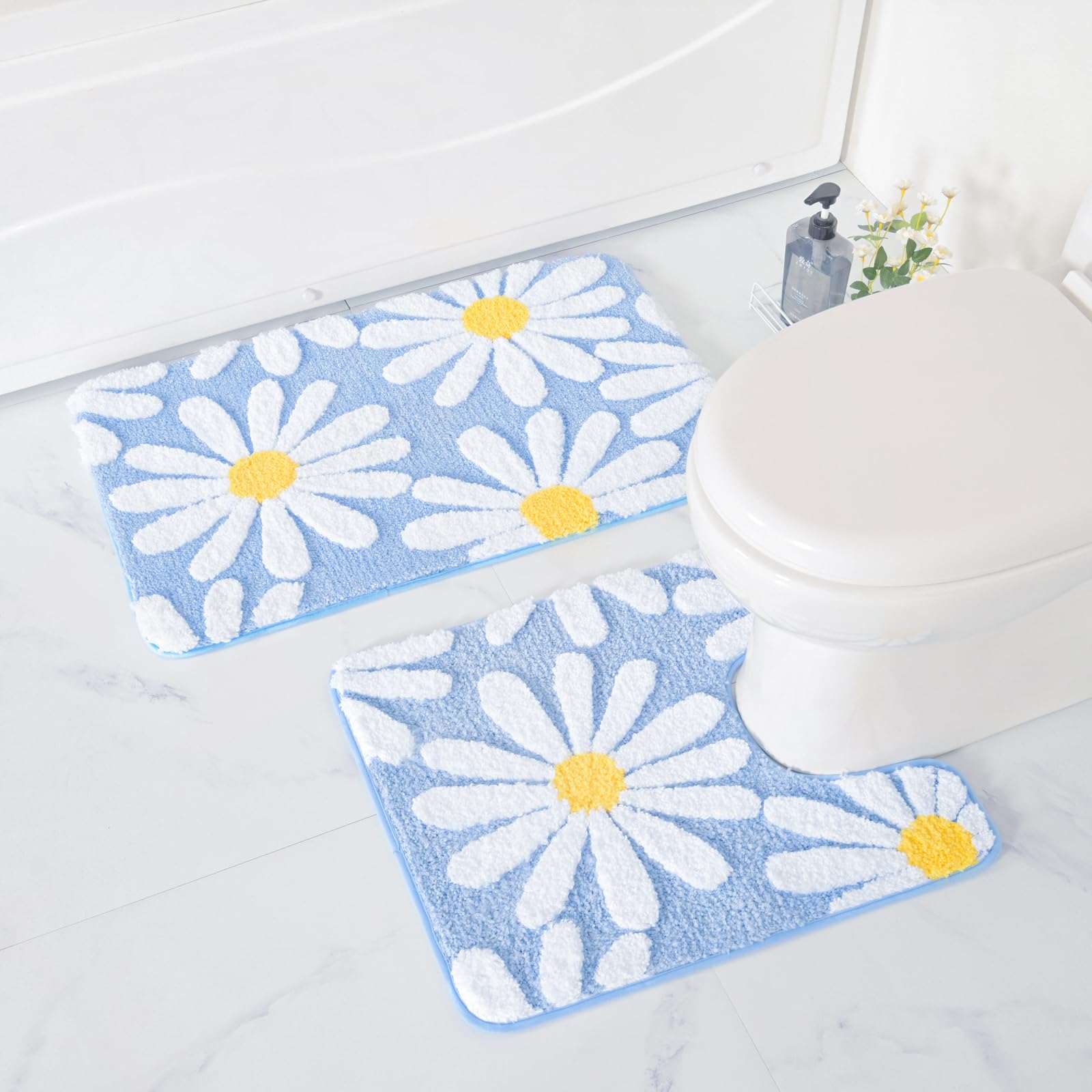 U Shaped Toilet Mat Cute Daisy Contour Bath Rug 20"x20", Extra Thick Soft Machine Washable Toilet Carpet, Non Slip Bathroom Floor Mats Super Absorbent Microfiber Bath Rugs