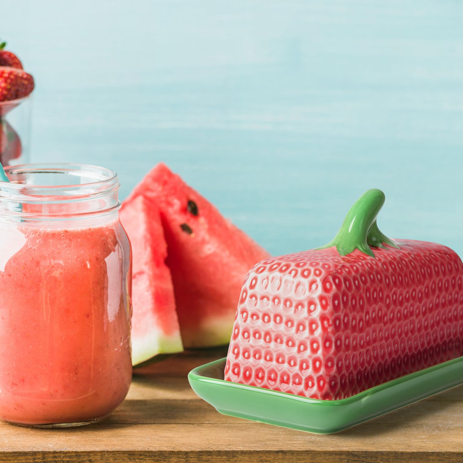 Cute Butter Dish with Lid for Countertop, Ceramic Strawberry Butter Tray