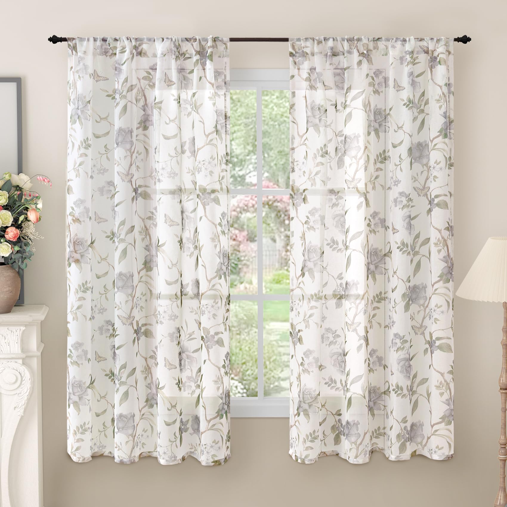 Floral Sheer Curtains, Vintage Light Filtering Semi-Sheer Linen Curtains