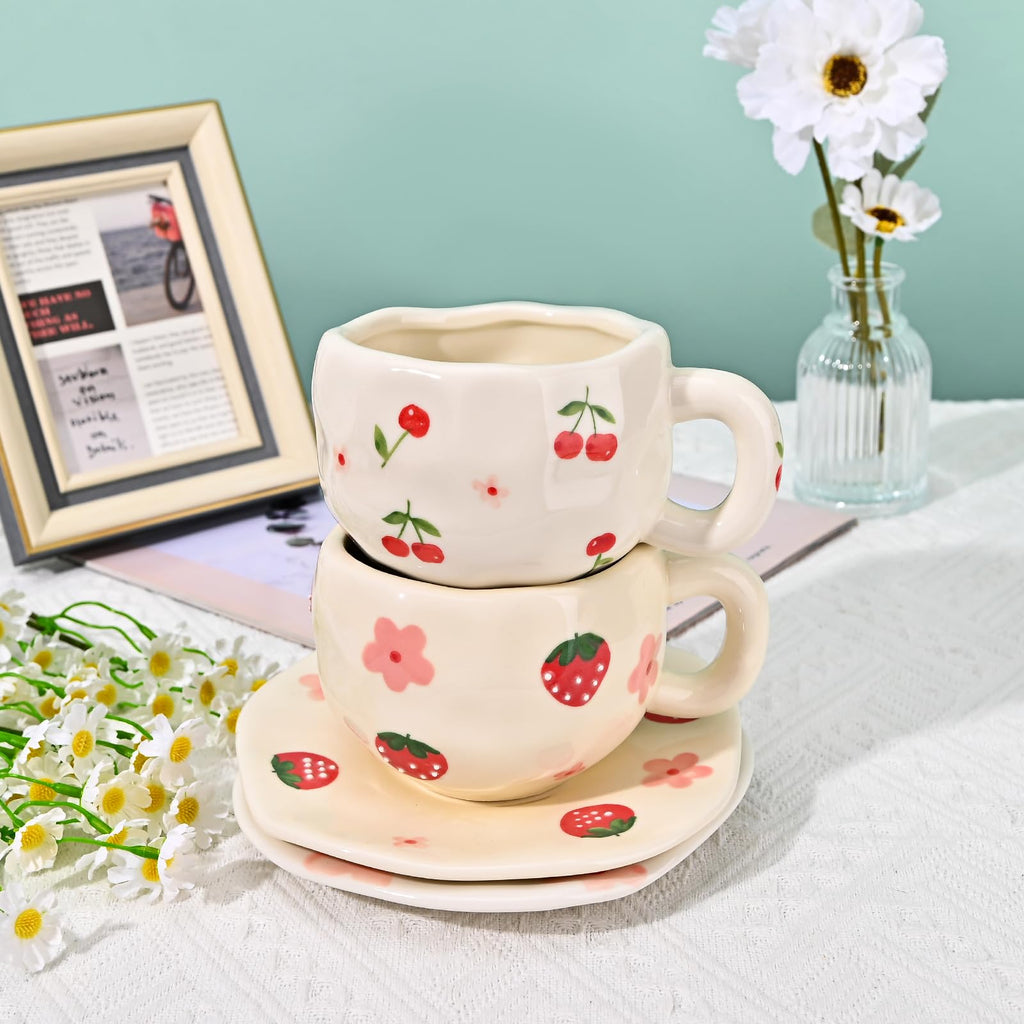 Ceramic Coffee Mug with Saucer Set, Cute Creative Cup Unique Irregular Design, 10 oz/300 ml
