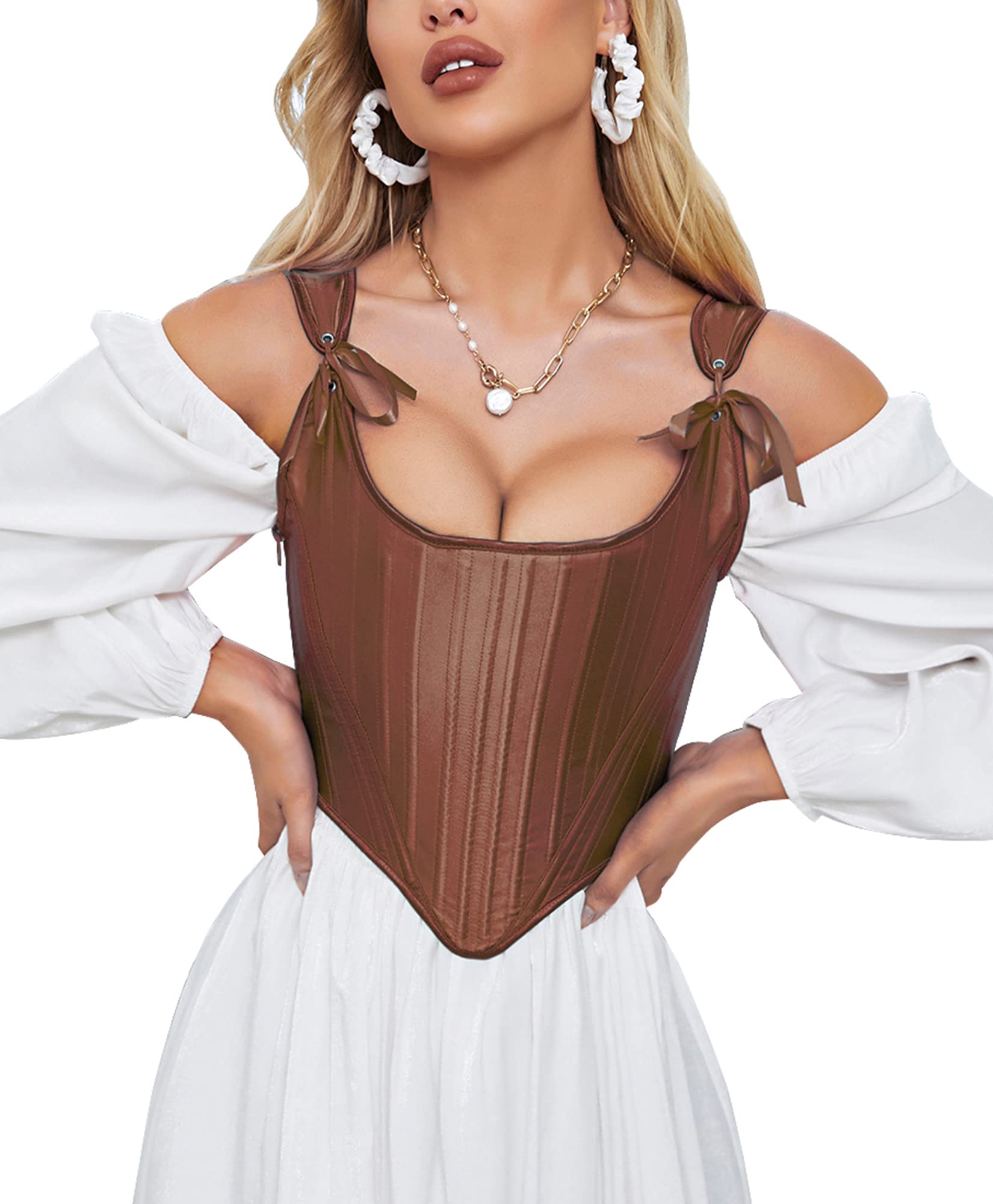 Womens Vintage Asymmetrical Hem Overbust Corset Tie Front Lace-up Back Bustier Shapewear Top
