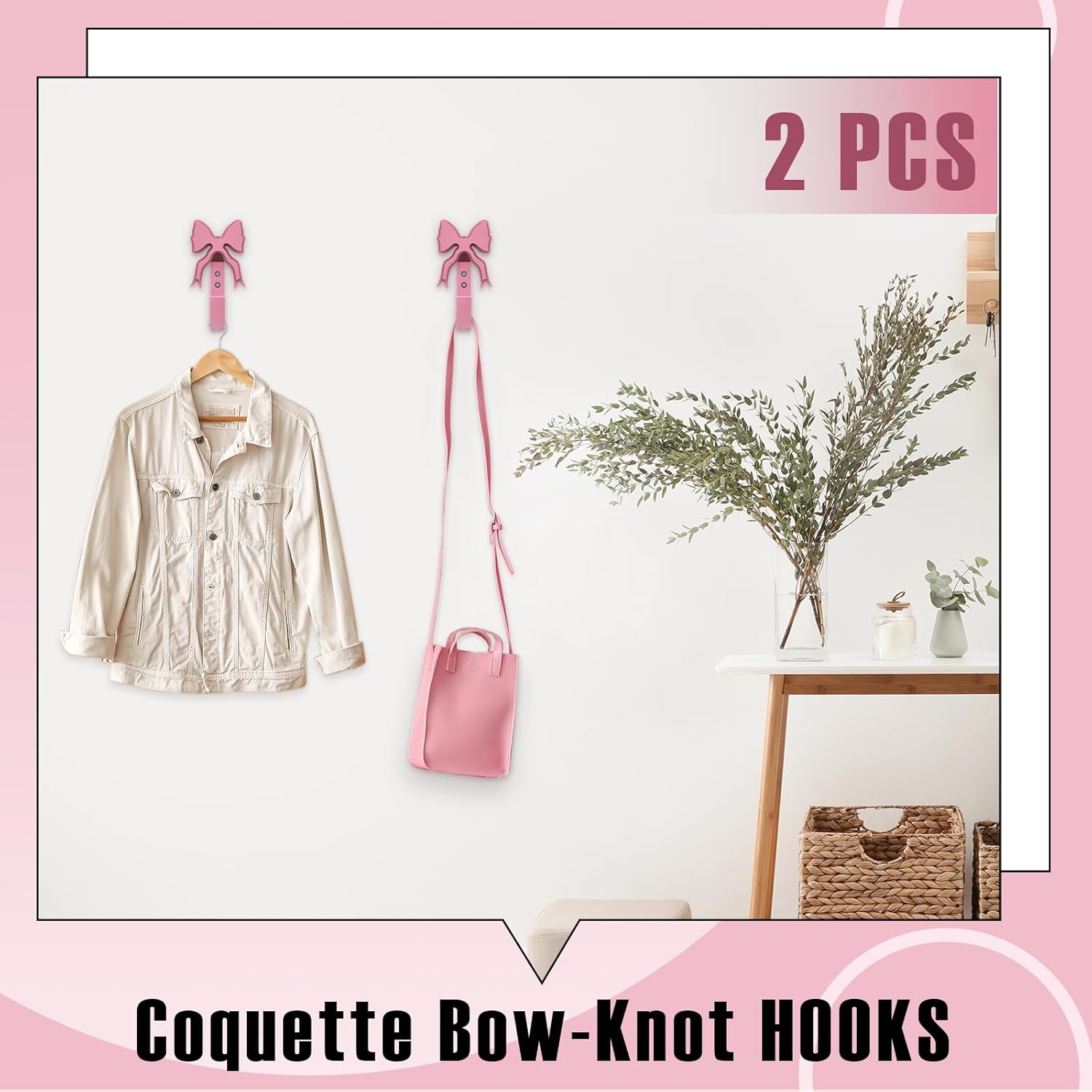 Pink Bow Hooks Wooden Bow Wall Hooks Coquette Room Decor Cute Coat Towel Hanger Wall Hanging Decor 2 Pcs