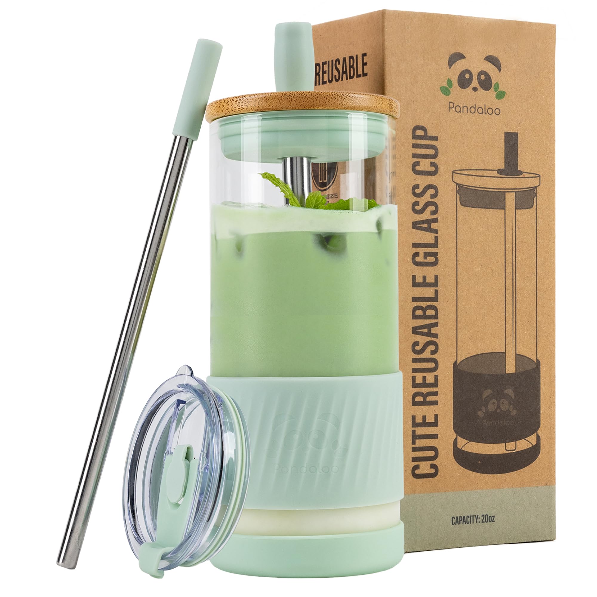 Pandaloo® Glass Cups With Lids and Straws -20 Fl Oz- Perfect Size Iced Coffee Cup - Smoothie Cup With Bamboo Lid and On the go Lid - Glass Tumbler With Straw