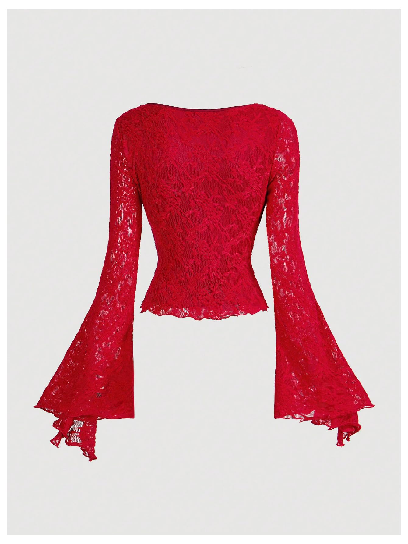 Verdusa Women's Floral Print Mesh Bell Sleeve Tie-Front Top with Lettuce Trim