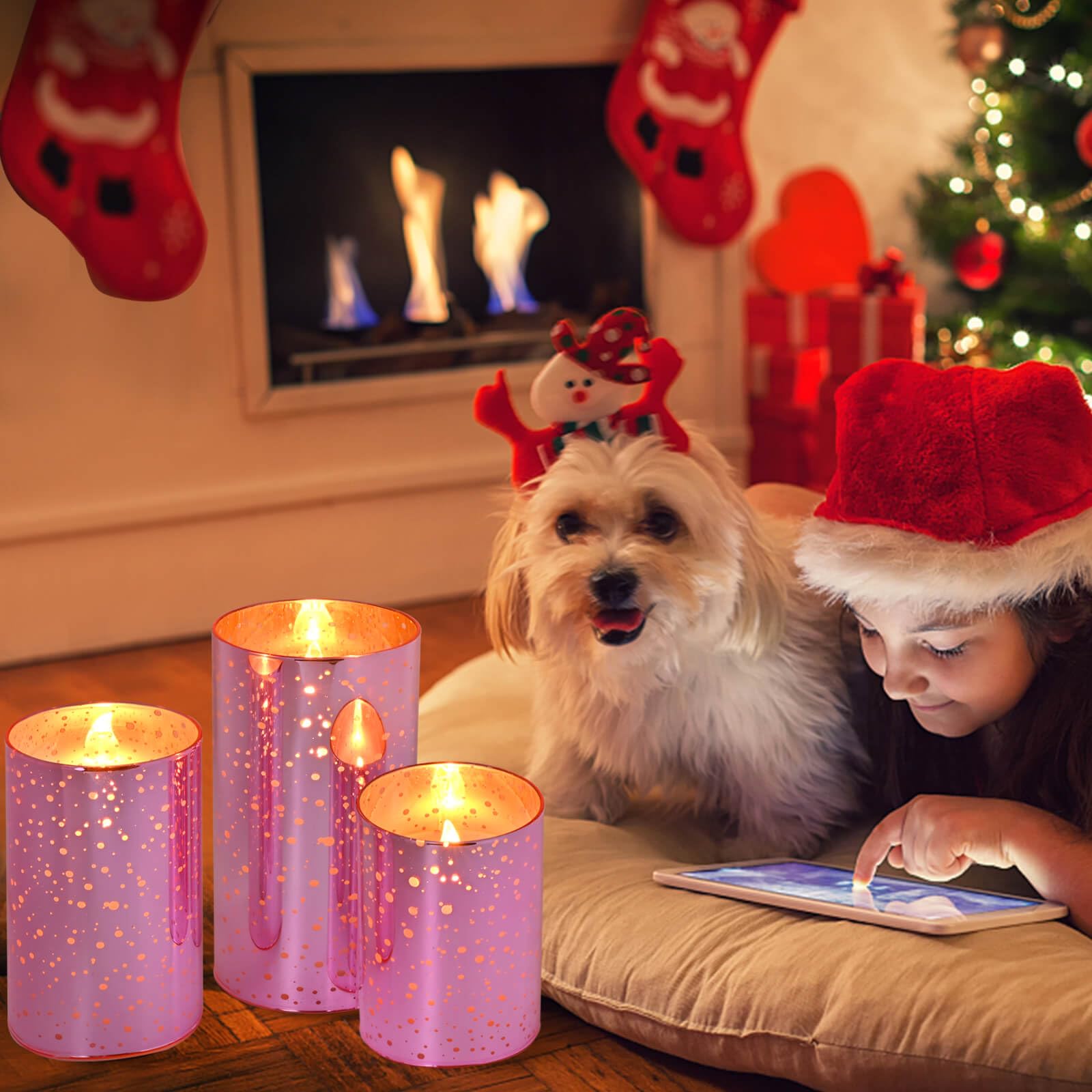 Pink Glass Battery Operated Flameless Candles with Remote and Cycling 24 Hours Timer, (Batteries Included)