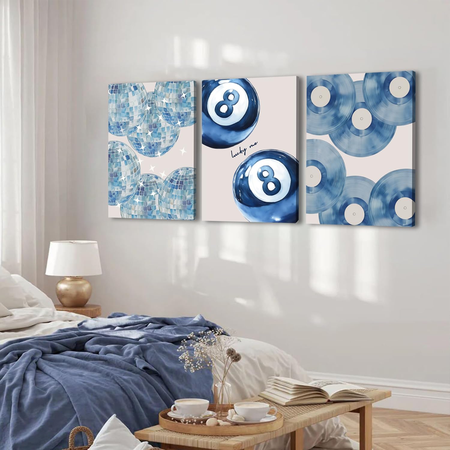Trendy Blue Wall Art Set of 3, Preppy Navy Blue Wall Decor, Coquette Disco Lucky Me 8 Ball Poster Canvas Prints Aesthetic Pictures Room Dorm
