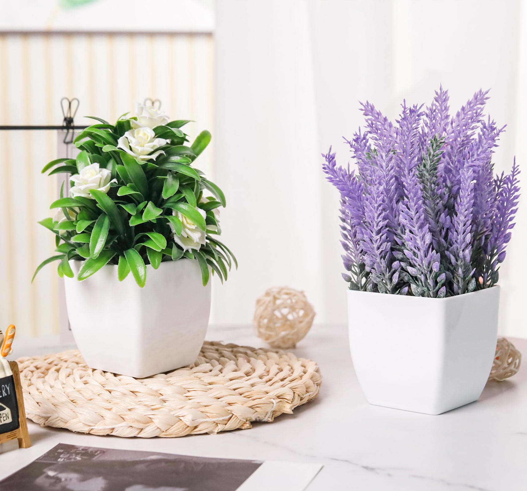 Small Fake Plants Faux Plants Indoor with Flowers for Home Bathroom Kitchen Office Desk Decor 2 Pack