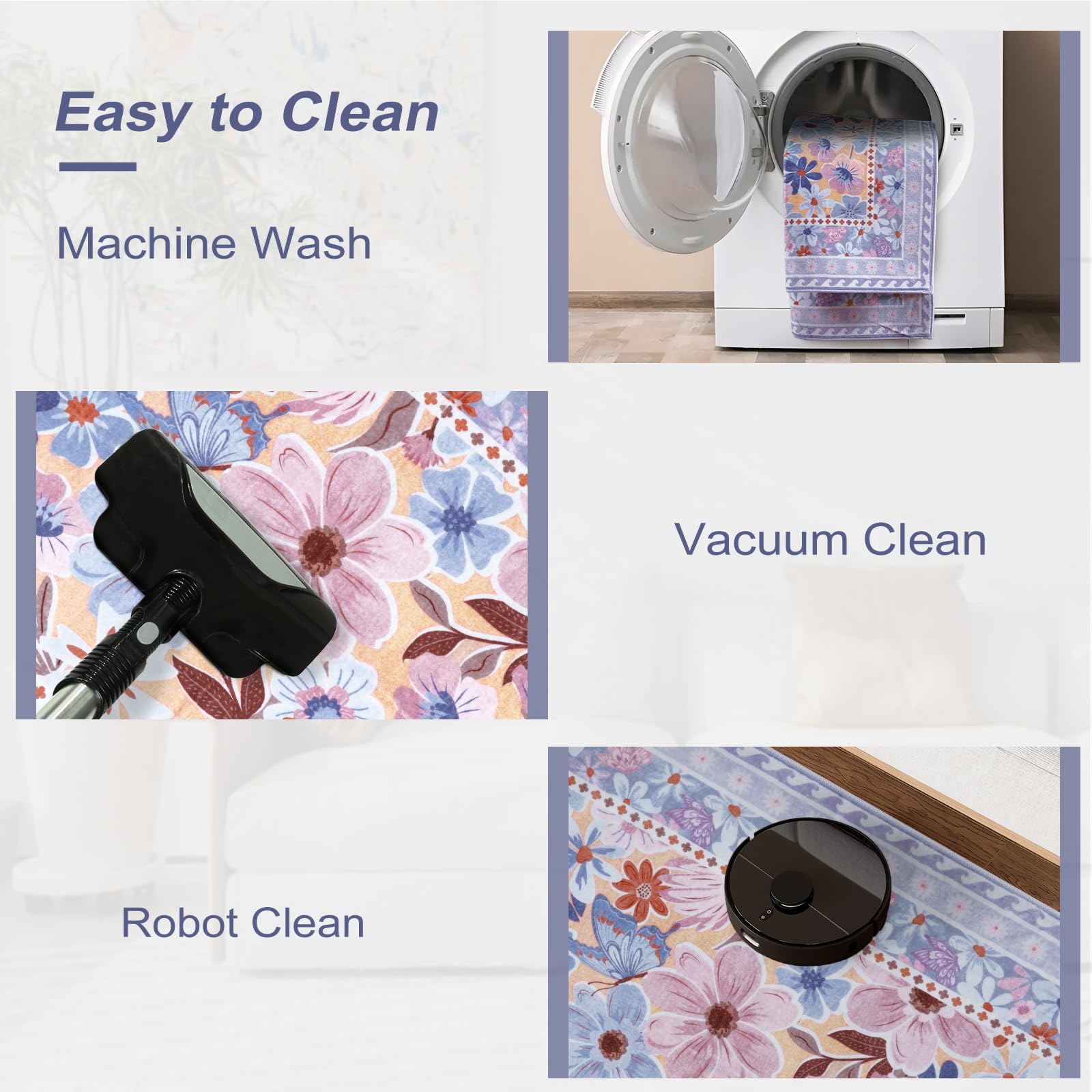 Floral Hallway Runner Rug, Runner Rugs Non Skid Washable, Low Pile Soft Boho Rugs