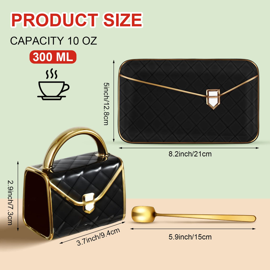 Set Coffee Mug Elegant Handbag Shaped Cup Modern Ceramic Purse Mug with Spoon and Saucer, 10oz Cute Creative Tea Cup