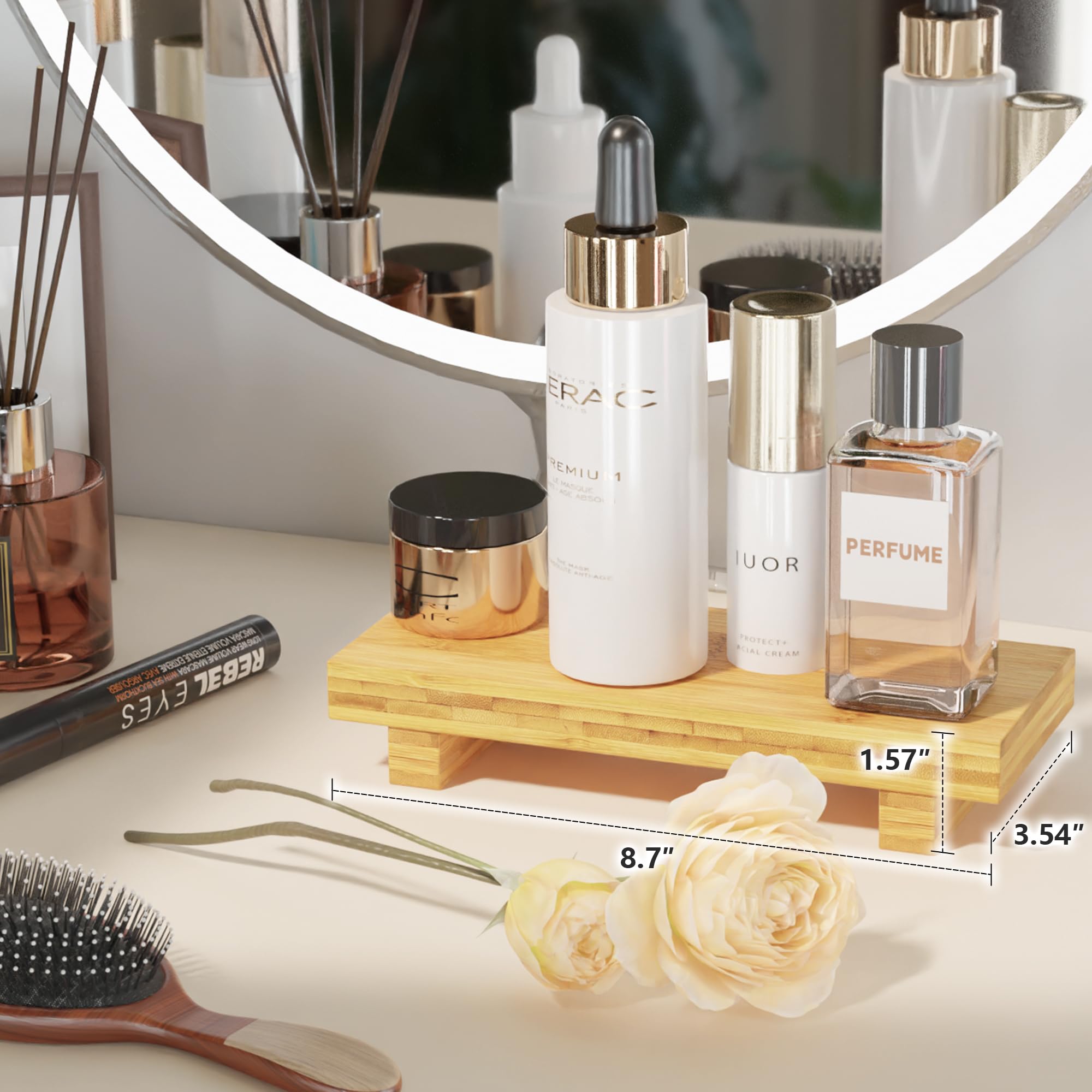 Tray Decor Bamboo Pedestal Stand Risers for Display Decorative, Sink Tray for Kitchen Decor and Accessories, Soap Dish Holder Kitchen Counter Tray 8.7" x 3.5" x 1.6"