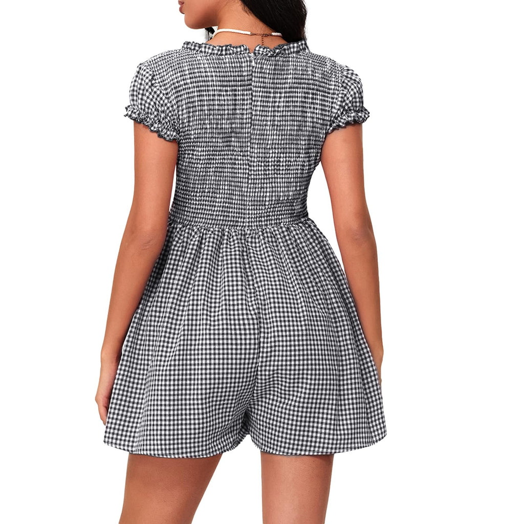 Women's Gingham Mini Dress Short Sleeve Bow Deep V Neck Smocked Waist Slim Fit Retro Plaid Dresses Y2k Sundress