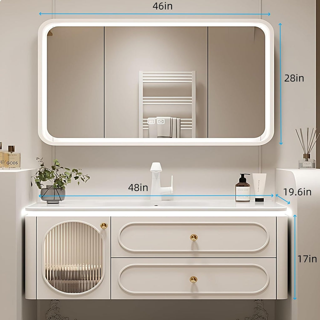 Wall-Mounted Bathroom Vanity Set - Included Single Sink, Contemporary Bathroom Vanity Featuring an Intelligent LED Defogging Mirror Cabinet & Ample Storage, Solid Wood Construction
