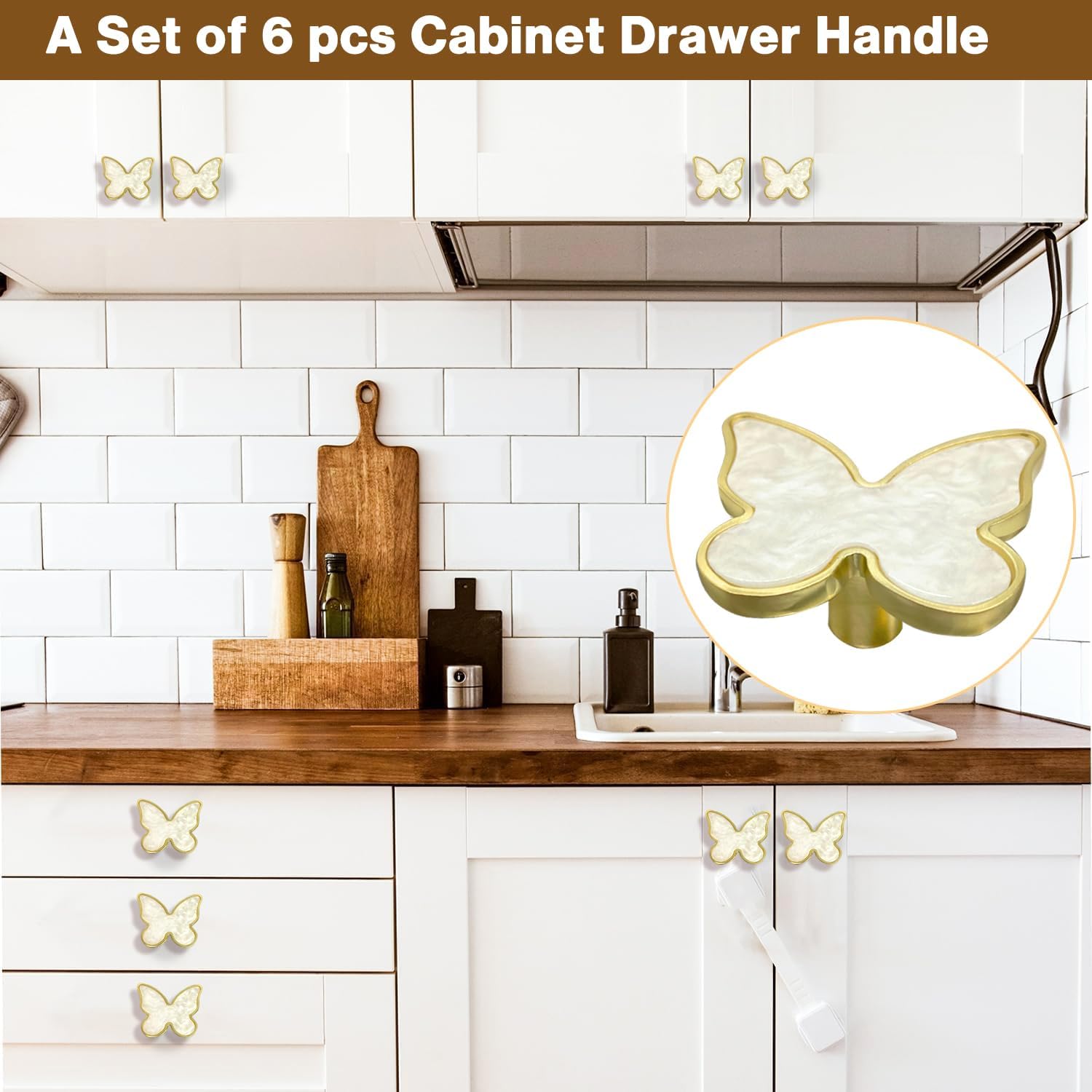 Butterfly 6 pcs Shape Knobs Handle Gold Cabinet Knobs Decoration Door Handle Single Hole Handles Cabinet Drawer Dresser Kitchen Wardrobe Furniture Hardware Pulls
