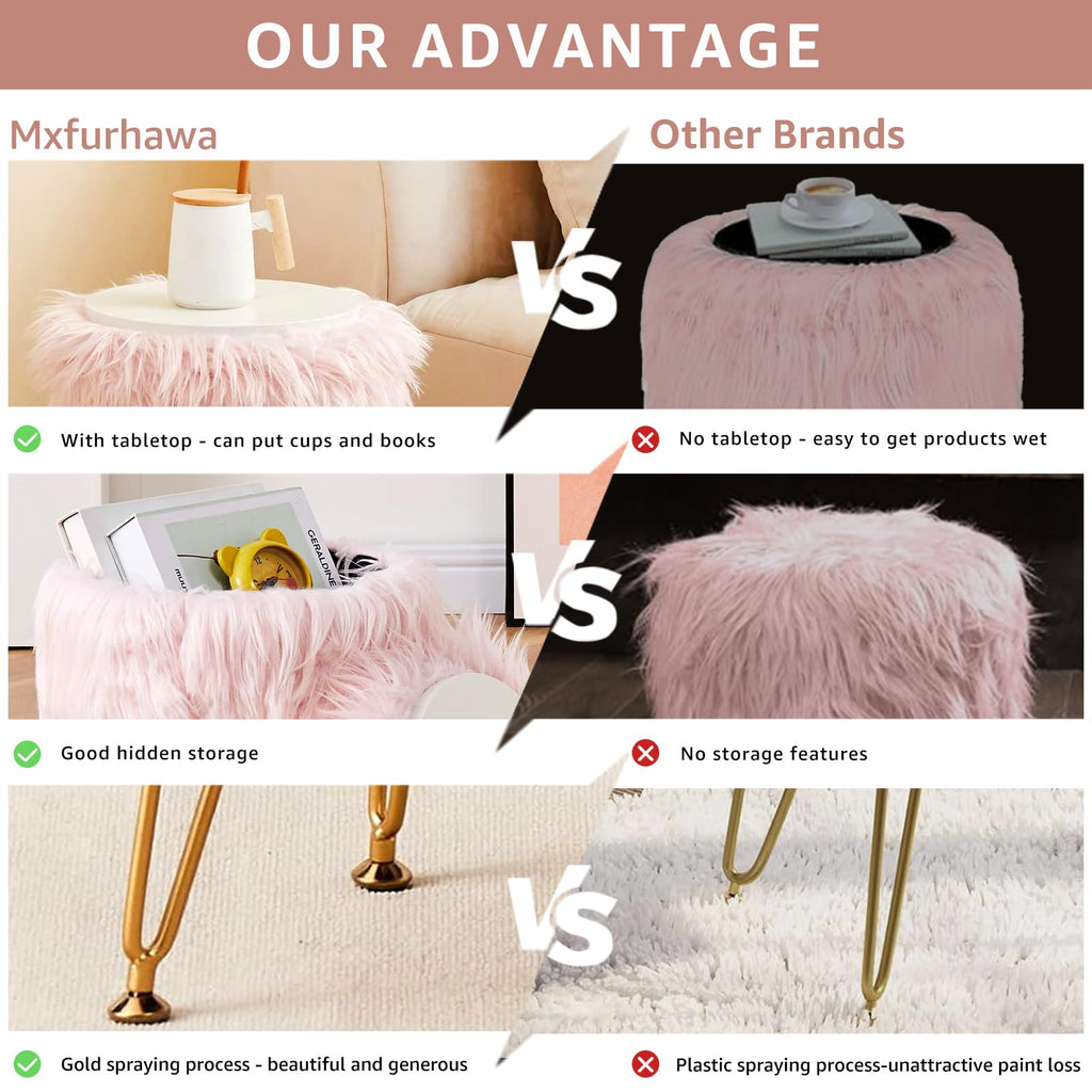 Faux Fur Storage Ottoman Round Furry Vanity Stool Marble Grain Tray Coffee Table Compact Footrest Stool with 4 Metal Legs Soft Makeup Seat Foot Stools for Living Room Bedroom Entryway