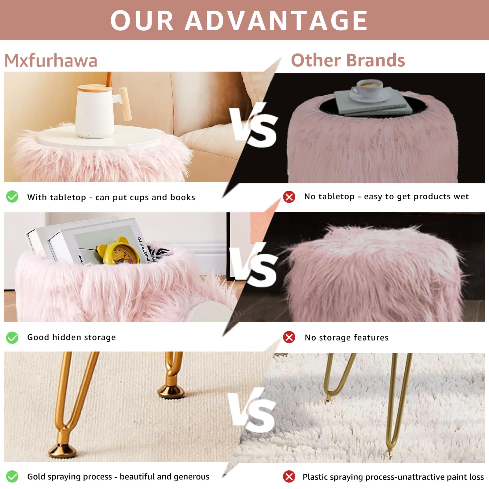 Faux Fur Storage Ottoman Round Furry Vanity Stool Marble Grain Tray Coffee Table Compact Footrest Stool with 4 Metal Legs Soft Makeup Seat Foot Stools for Living Room Bedroom Entryway