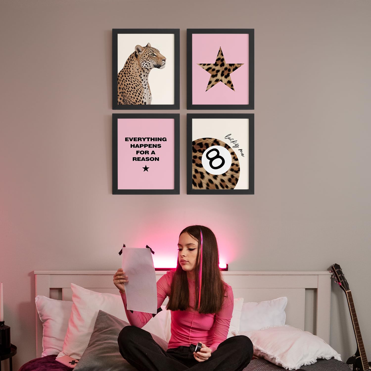 Trendy Leopard Wall Art Prints Set of 4 Funky Lucky 8 Ball Posters Prints Preppy Room Aesthetic Cheetah Wall Decor for Girls Room Dorm Apartment 8x10 Unframed