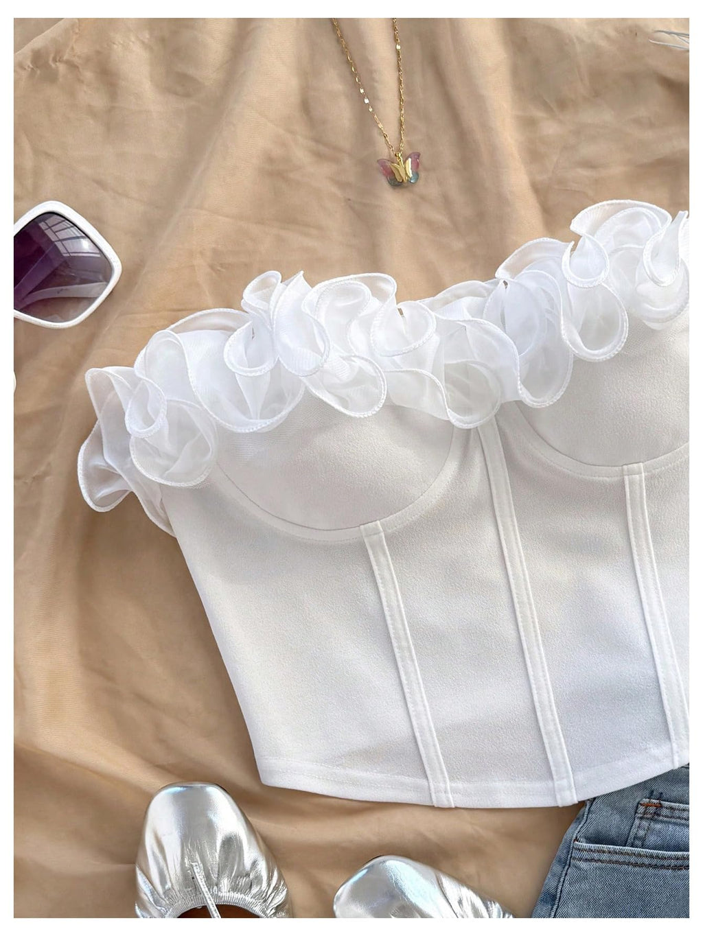 Women's Coquette Ruffle Trim Corset Tops Sleeveless Summer Tube Crop Tops