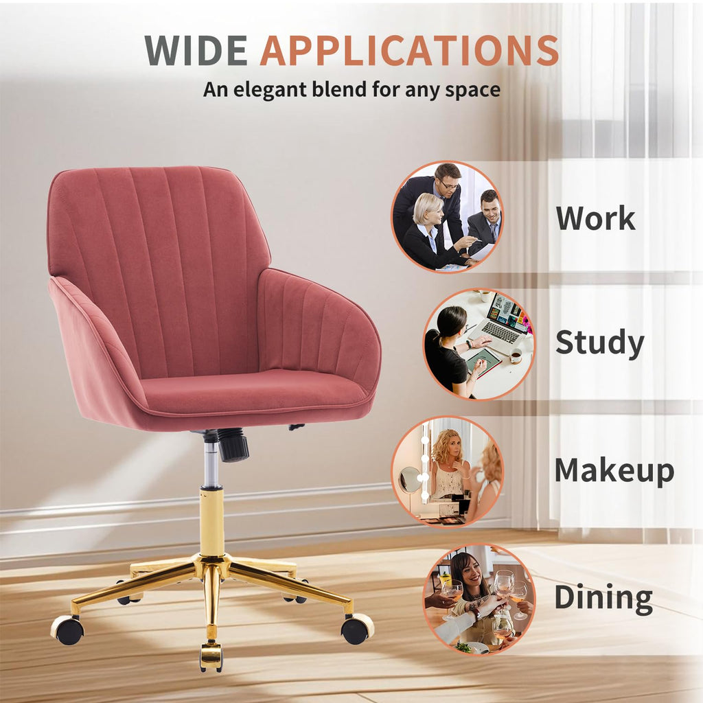 Modern Vanity Velvet Adjustable Low Back Rolling Chair, Twill Upholstered Cute Chair with Wheels