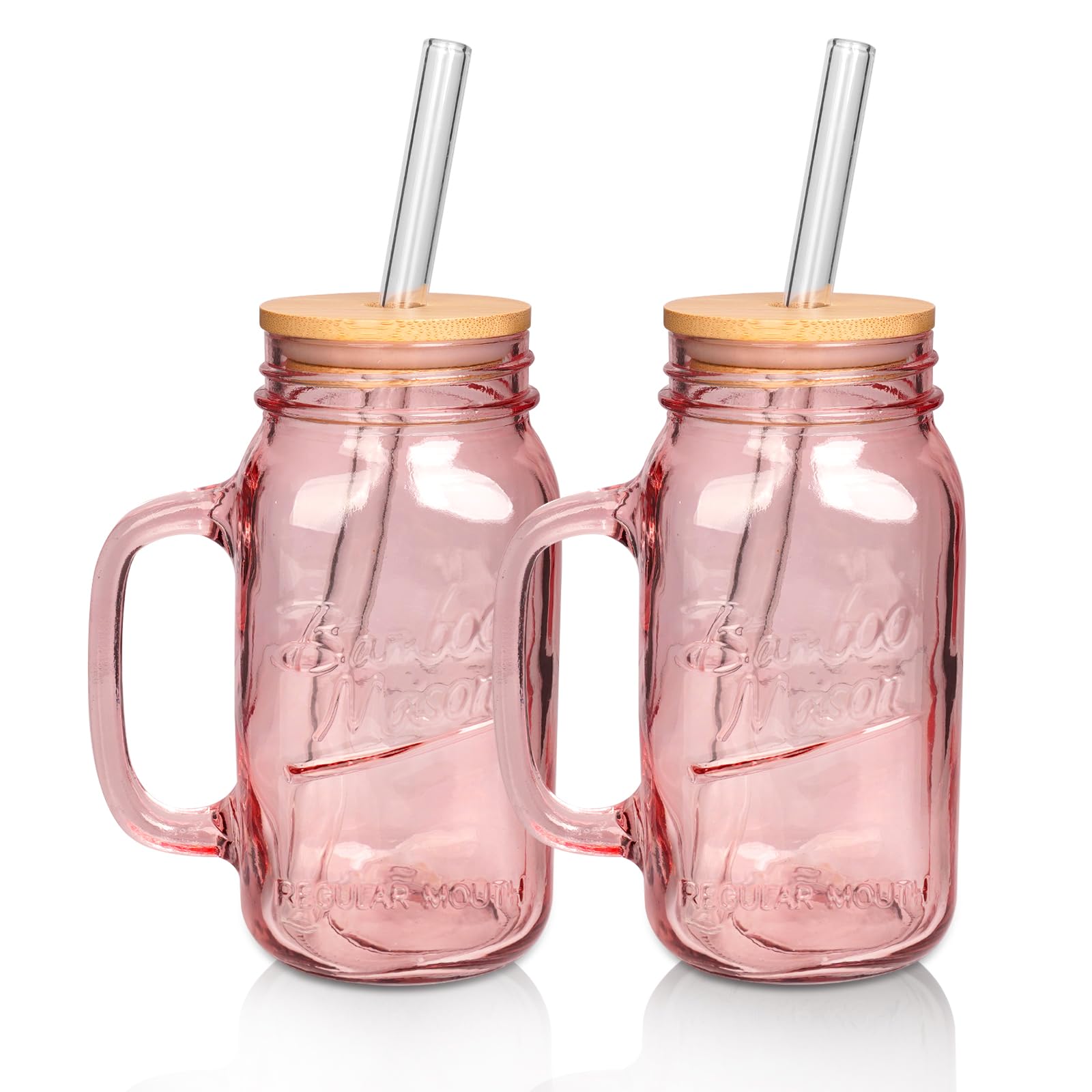Tumbler with Handle and Straw, 24oz Pink Mason Jars Handles Drinking Glasses Glassware Colored Glass Cups Lids Straws