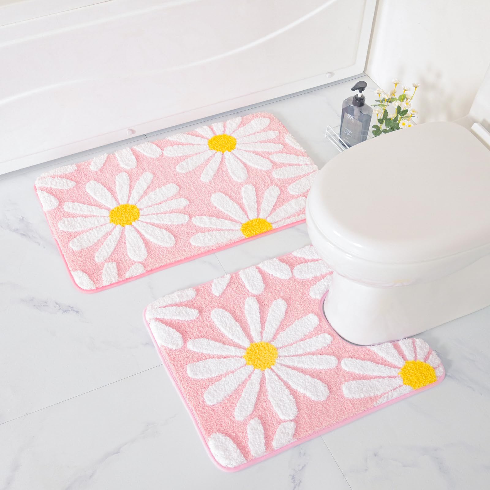 U Shaped Toilet Mat Cute Daisy Contour Bath Rug 20"x20", Extra Thick Soft Machine Washable Toilet Carpet, Non Slip Bathroom Floor Mats Super Absorbent Microfiber Bath Rugs