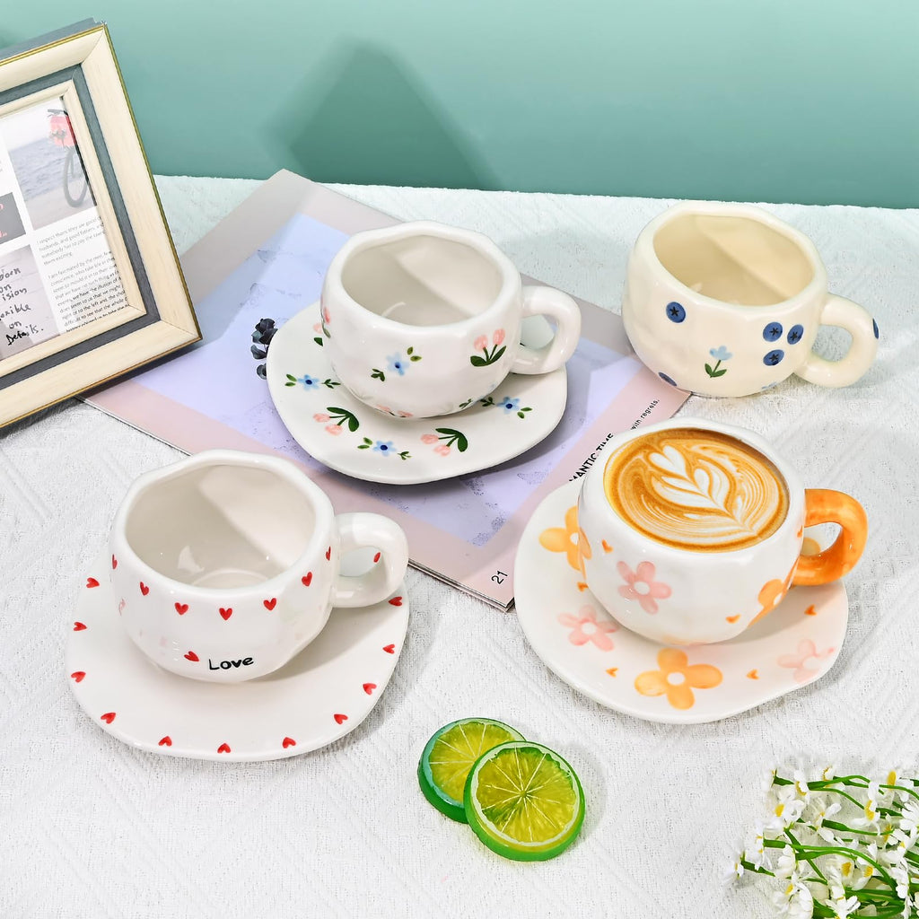 Ceramic Coffee Mug with Saucer Set, Cute Creative Cup Unique Irregular Design, 10 oz/300 ml