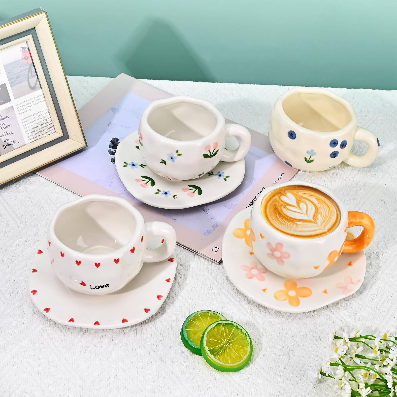 Ceramic Coffee Mug with Saucer Set, Cute Creative Cup Unique Irregular Design, 10 oz/300 ml