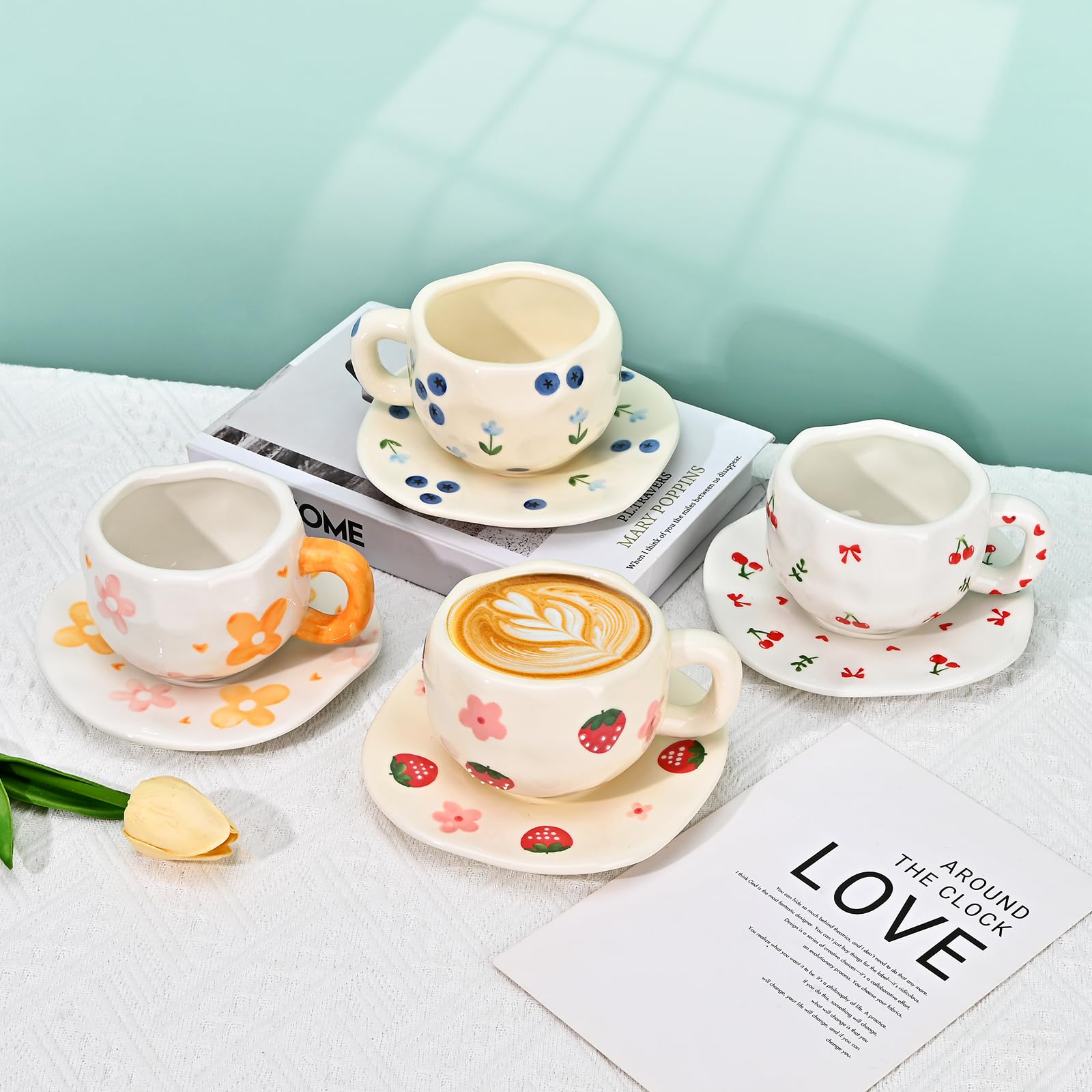 Ceramic Coffee Mug with Saucer Set, Cute Creative Cup Unique Irregular Design, 10 oz/300 ml