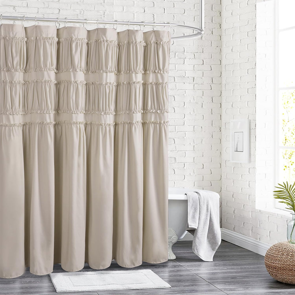 Ruched Ruffled Shower Curtain 72" W x 72" H, Microfiber Rustic Decorative Bath Curtain Boho Décor