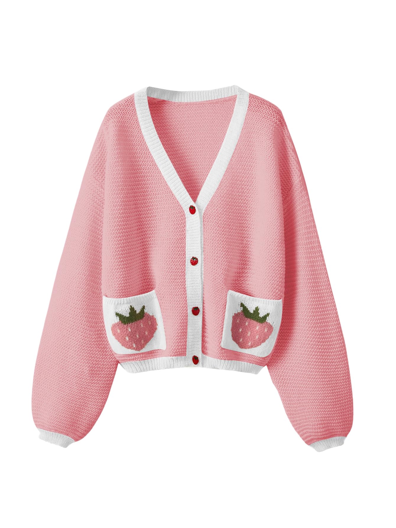 Women's Strawberry Pattern Open Front Bishop Sleeve Casual Cardigan