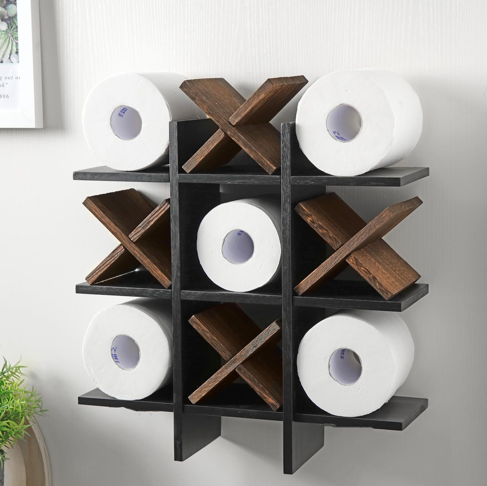 Tic Tac Toe Toilet Paper Holder Stand Bathroom Wall Decor Rustic Wooden Hanging Storage Freestanding Wall Mounted Shelves Decor