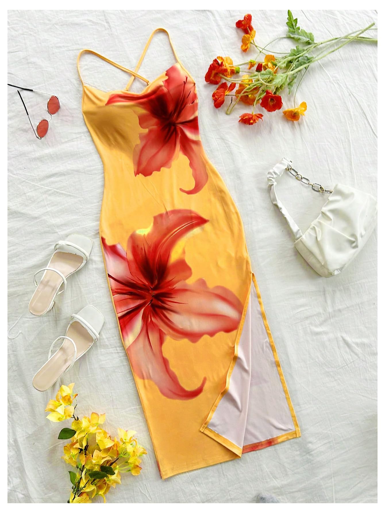 Women's Floral Print Split Thigh Bodycon Dress Criss Cross Skinny Long Cami Dresses