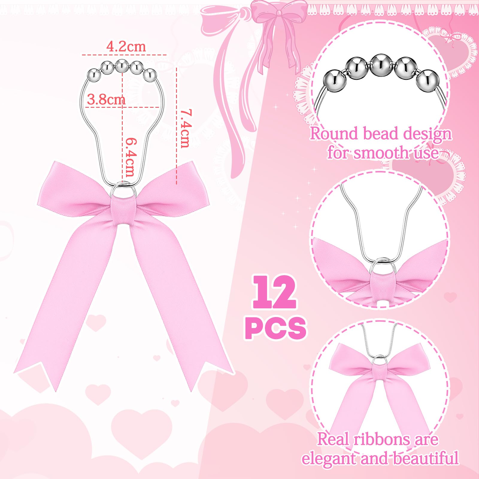 Cute Bow Knot Ribbon Curtain Hooks Decorative Shower Rings Hanger Bathroom Decor Bathroom Accessories 12 Pcs
