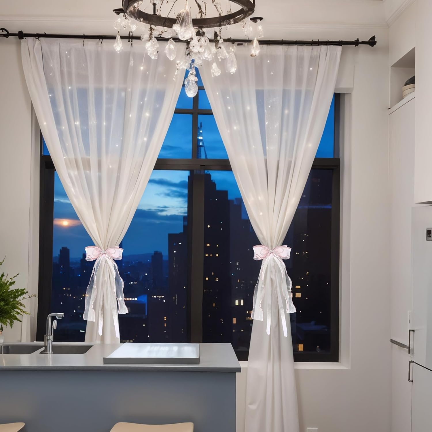 Sweet Pink Bow Curtain Holdbacks Buckles Ribbon Curtain Ties for with Pearls Home Decoration