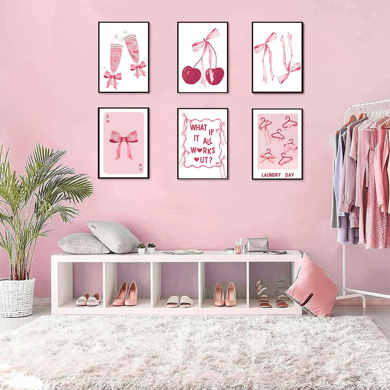 Trendy Pink Bows Wall Art Coquette Posters for Room Decor | Aesthetic Watercolor Light Pink Bow Canvas Prints 6Pcs