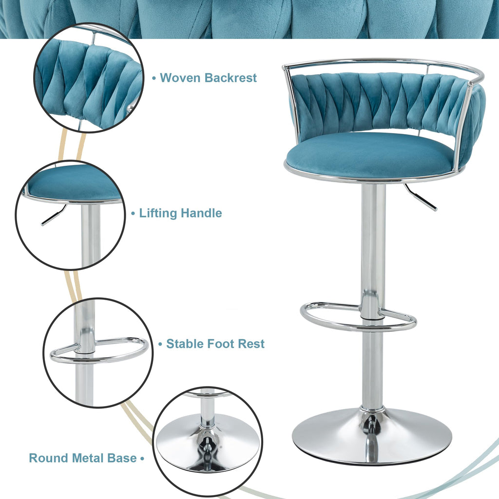 Velvet Swivel Bar Stools, Adjustable Counter Height Bar Chairs with Low Back & Footrest, Modern Gold Bar Stools for Kitchen Island, Bar Pub