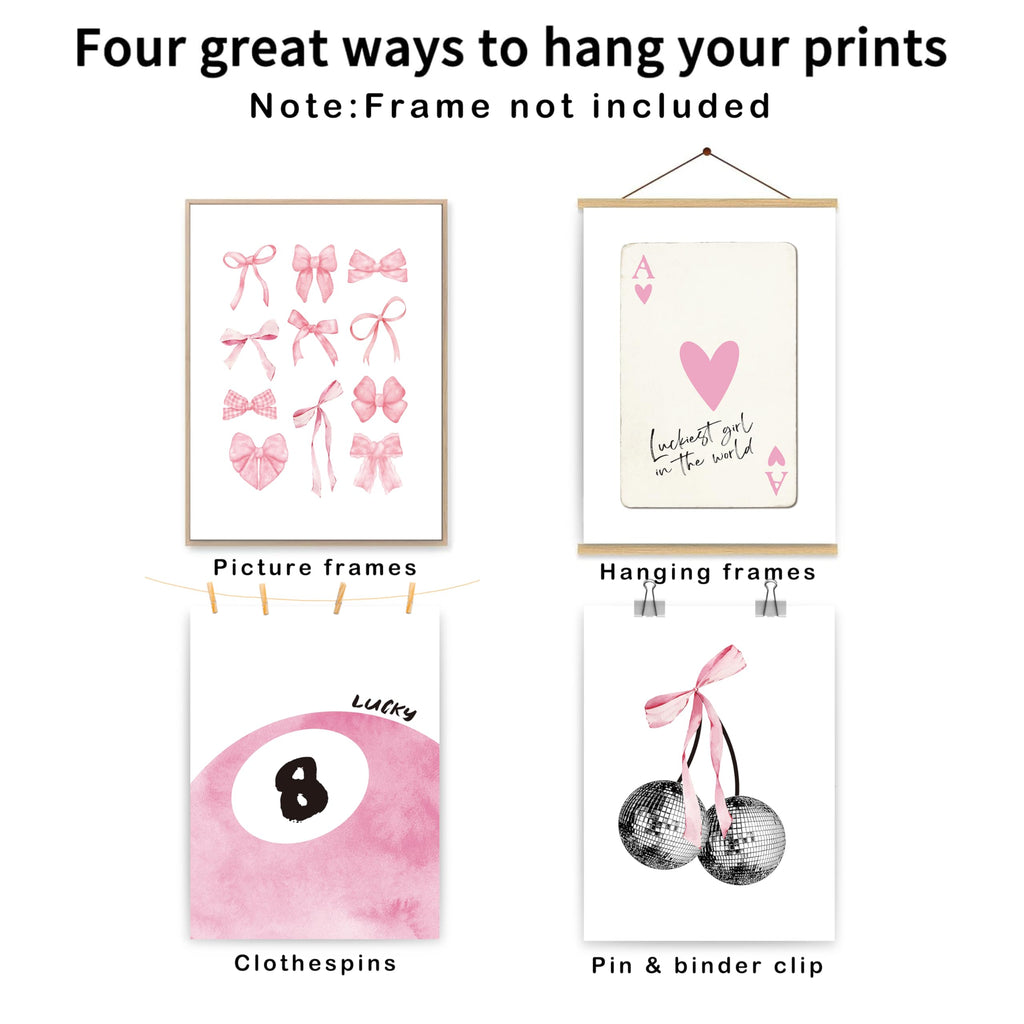 Set of 4 Coquette Preppy Wall Art Prints â€?8x10 Unframed Posters Featuring Bow, Disco, 8-Ball, and Cherry Designs Room Decor