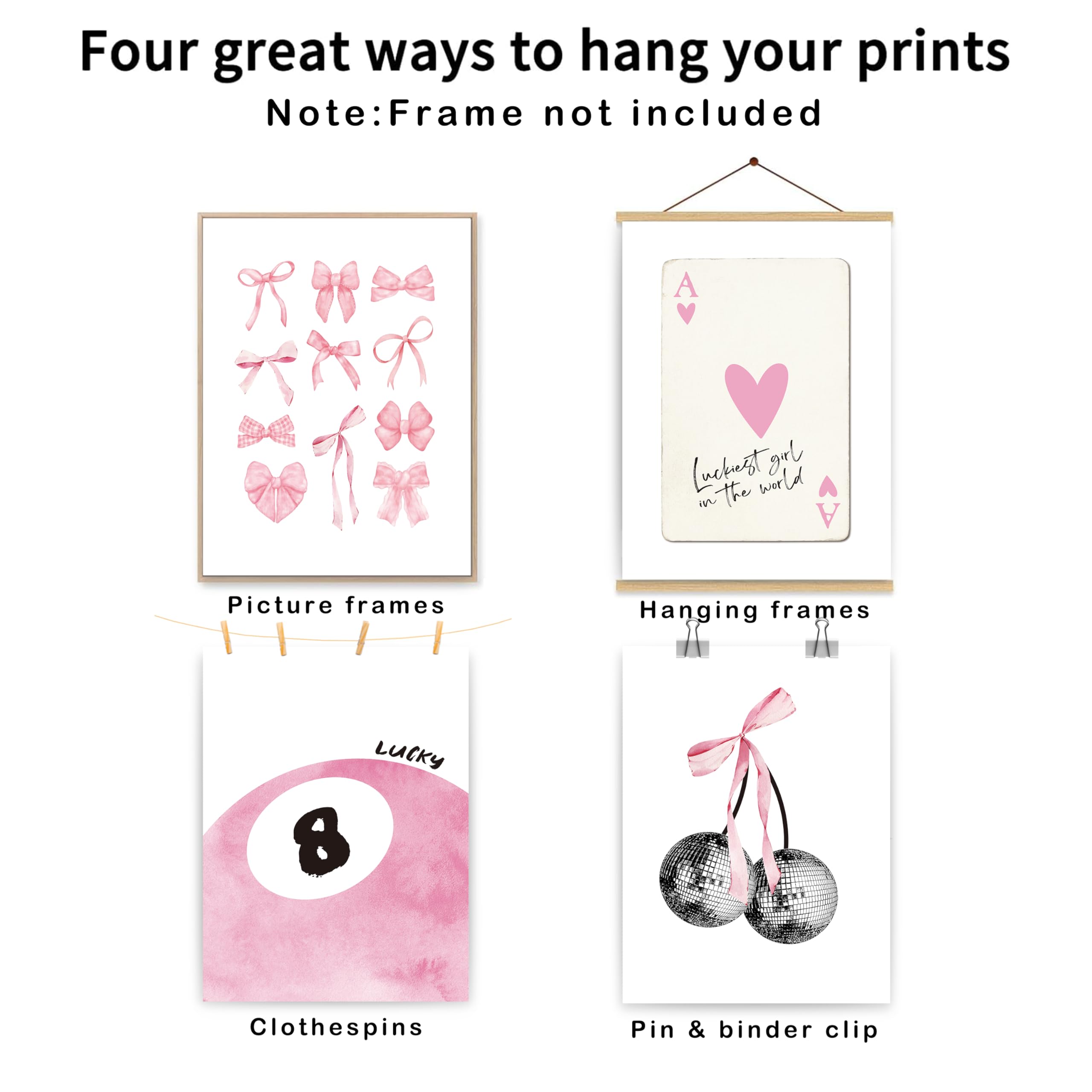 Set of 4 Coquette Preppy Wall Art Prints â€?8x10 Unframed Posters Featuring Bow, Disco, 8-Ball, and Cherry Designs Room Decor