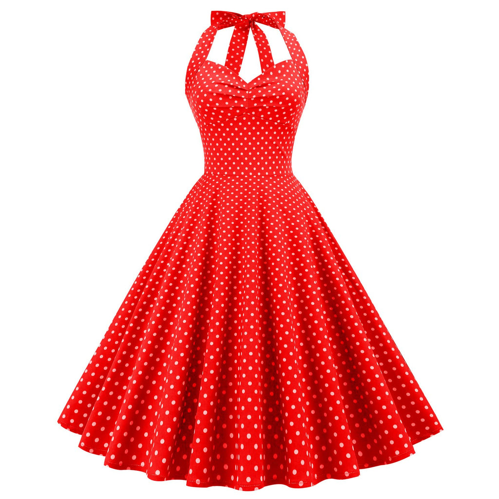 Vintage Women 1950s Rockabilly Swing Dress Pinup 50s Retro Hepburn Style Halterneck A-Line Dresses