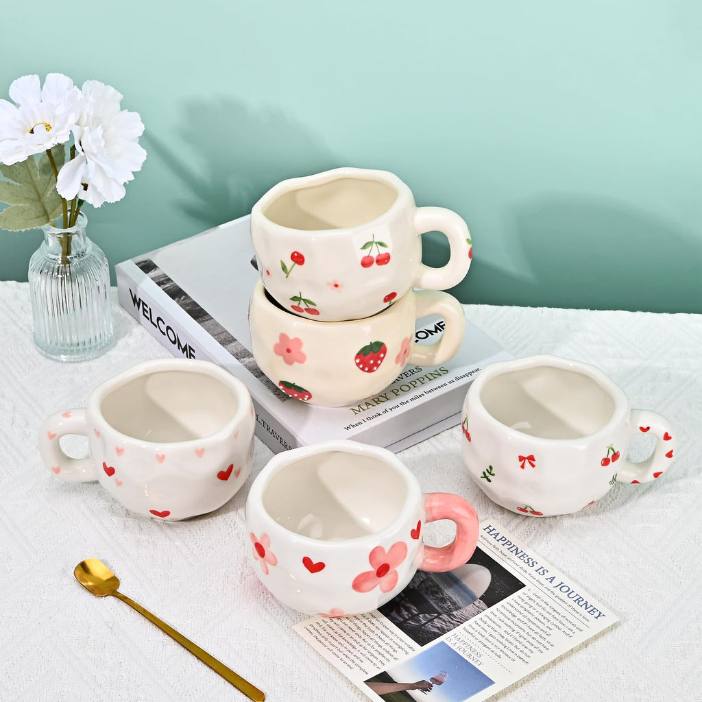 Ceramic Coffee Mug with Saucer Set, Cute Creative Cup Unique Irregular Design, 10 oz/300 ml