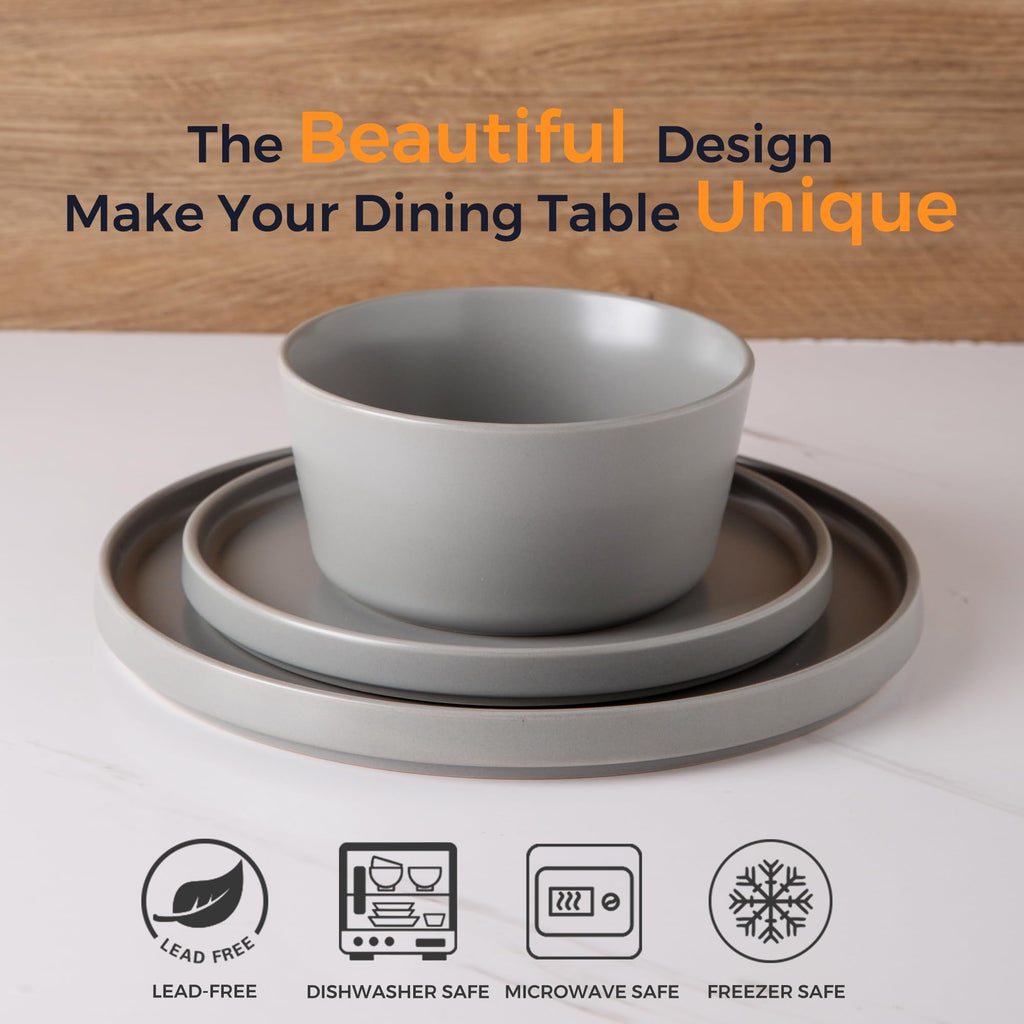 Ceramic Dinnerware Sets for 4, Modern Flat Stoneware Plates and Bowls Sets,Chip and Crack Resistant | Dishwasher & Microwave Safe Dishes Set, Scratch Resistant- Service for 4 (12pc)
