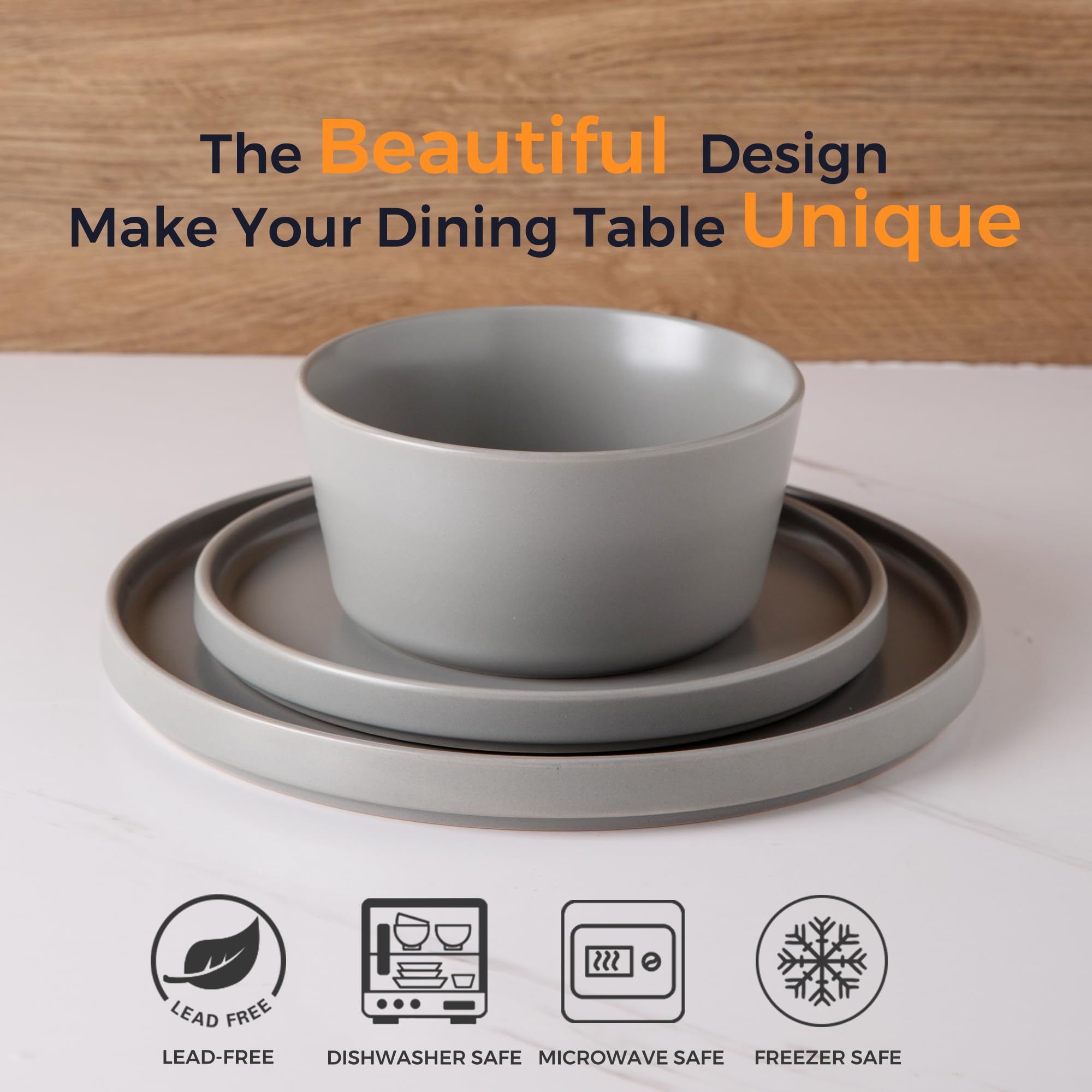 Ceramic Dinnerware Sets for 4, Modern Flat Stoneware Plates and Bowls Sets,Chip and Crack Resistant | Dishwasher & Microwave Safe Dishes Set, Scratch Resistant- Service for 4 (12pc)