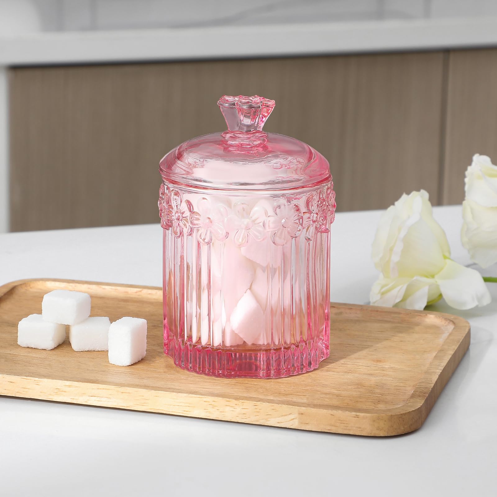 Qtip Holder Glass Apothecary Jars with Lids Set Bathroom Canisters Dispenser Organizers and Storage for Cotton Swabs, Balls, Pads, Floss Picks, Candy 2 Pack