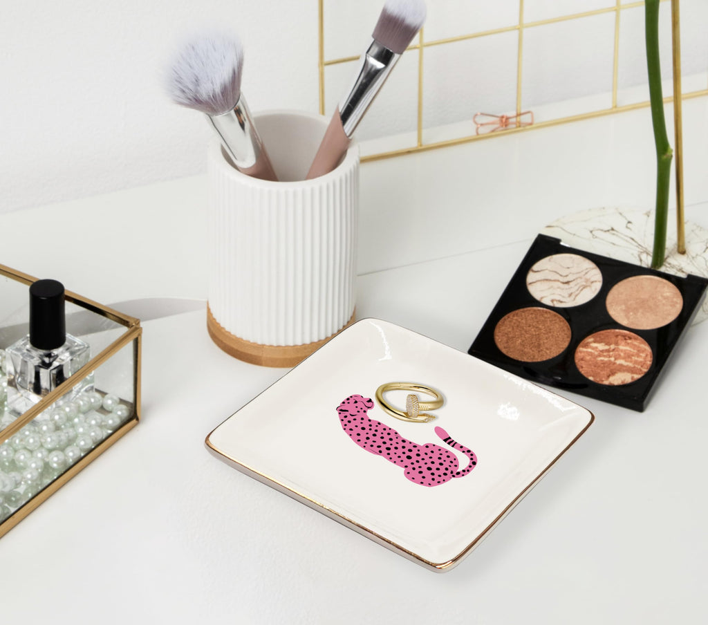 Ceramic Jewelry Tray Dish, Pink Print Jewelry Plate Trinket Dish