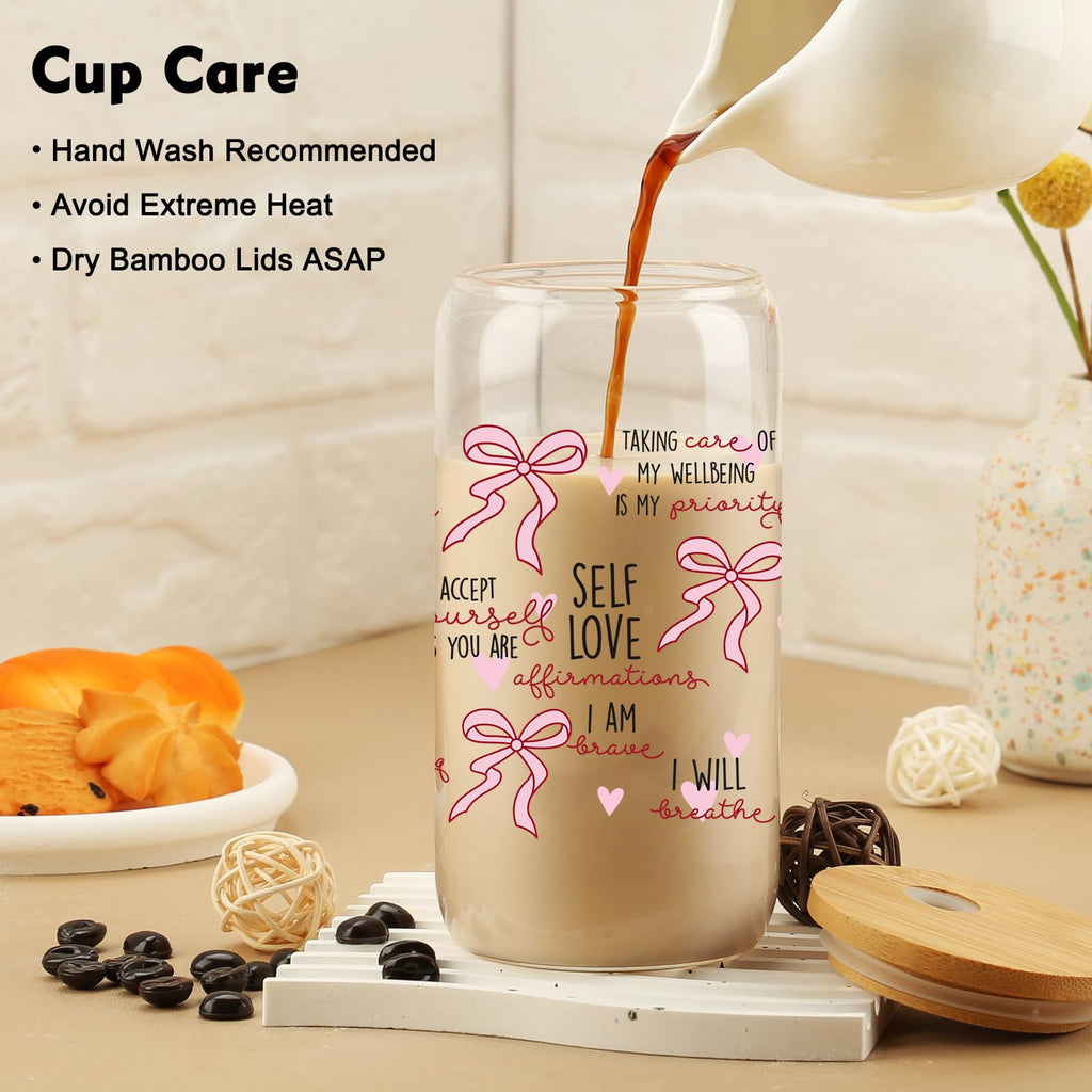 Cherry Bow Cup, Birthday Gifts for Women, Girly Gifts for Her, Sister, Mom, Colleague - 16 OZ Glass Tumbler with Straw & Lid, Coquette Iced Cup