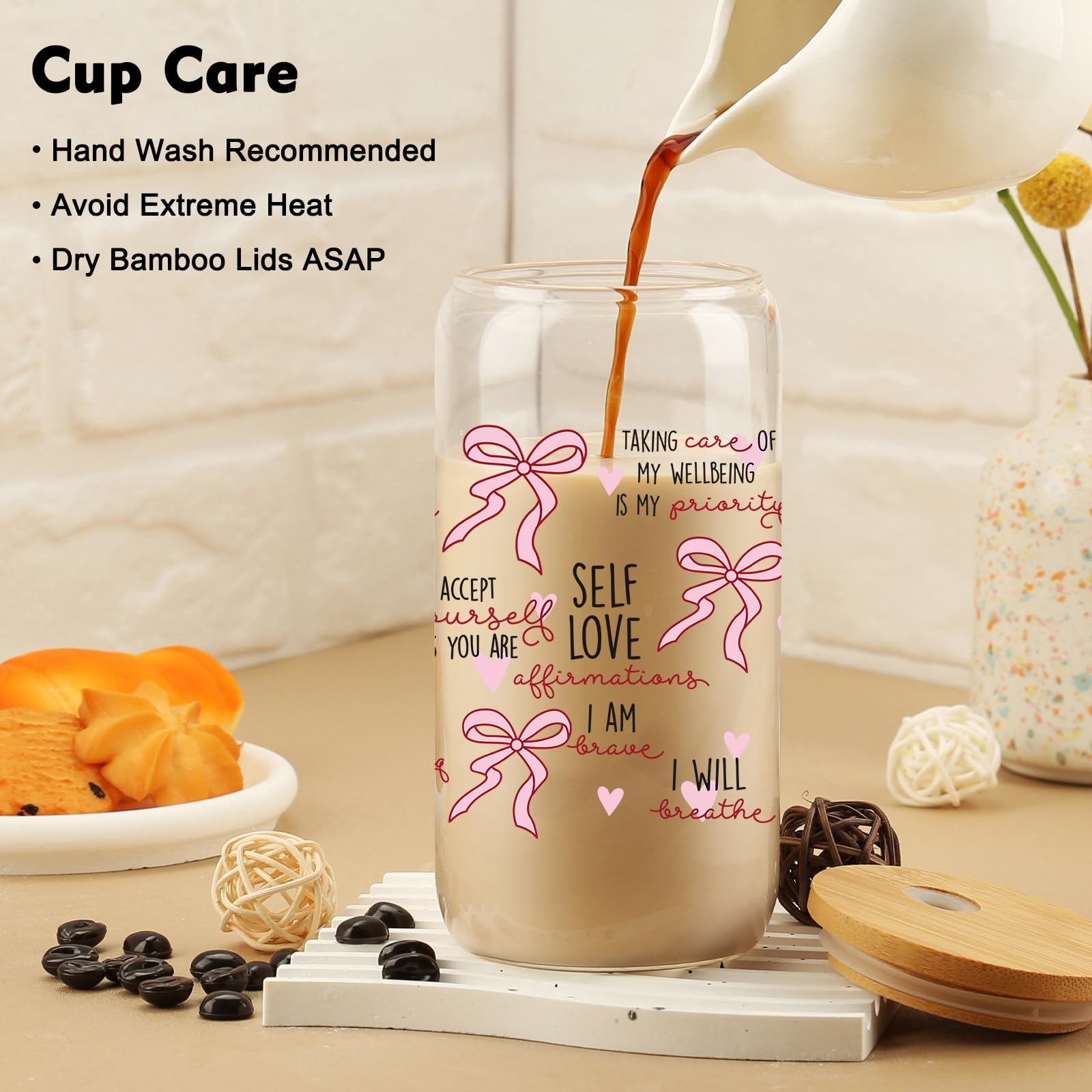 Cherry Bow Cup, Birthday Gifts for Women, Girly Gifts for Her, Sister, Mom, Colleague - 16 OZ Glass Tumbler with Straw & Lid, Coquette Iced Cup