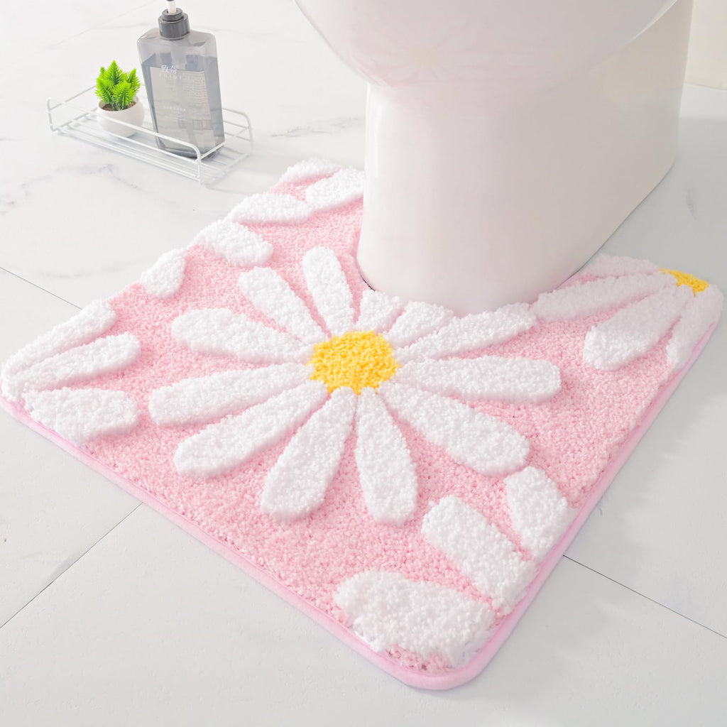 U Shaped Toilet Mat Cute Daisy Contour Bath Rug 20"x20", Extra Thick Soft Machine Washable Toilet Carpet, Non Slip Bathroom Floor Mats Super Absorbent Microfiber Bath Rugs