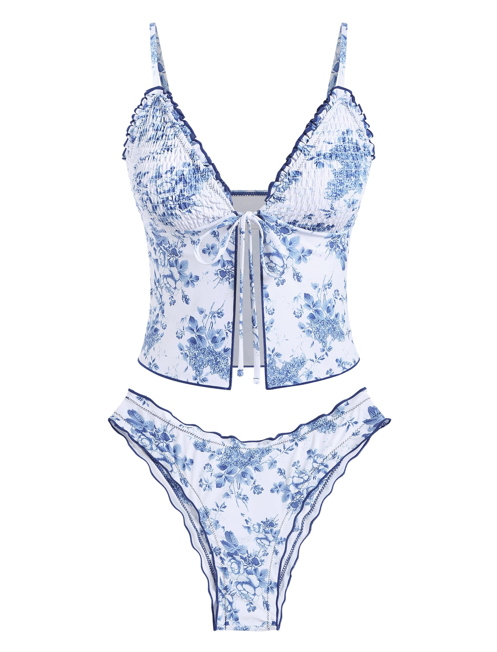 Tankini Swimsuits for Women Smocked Ruffles Tie Front Bowknot Textured High Cut Tanga Tankini Set