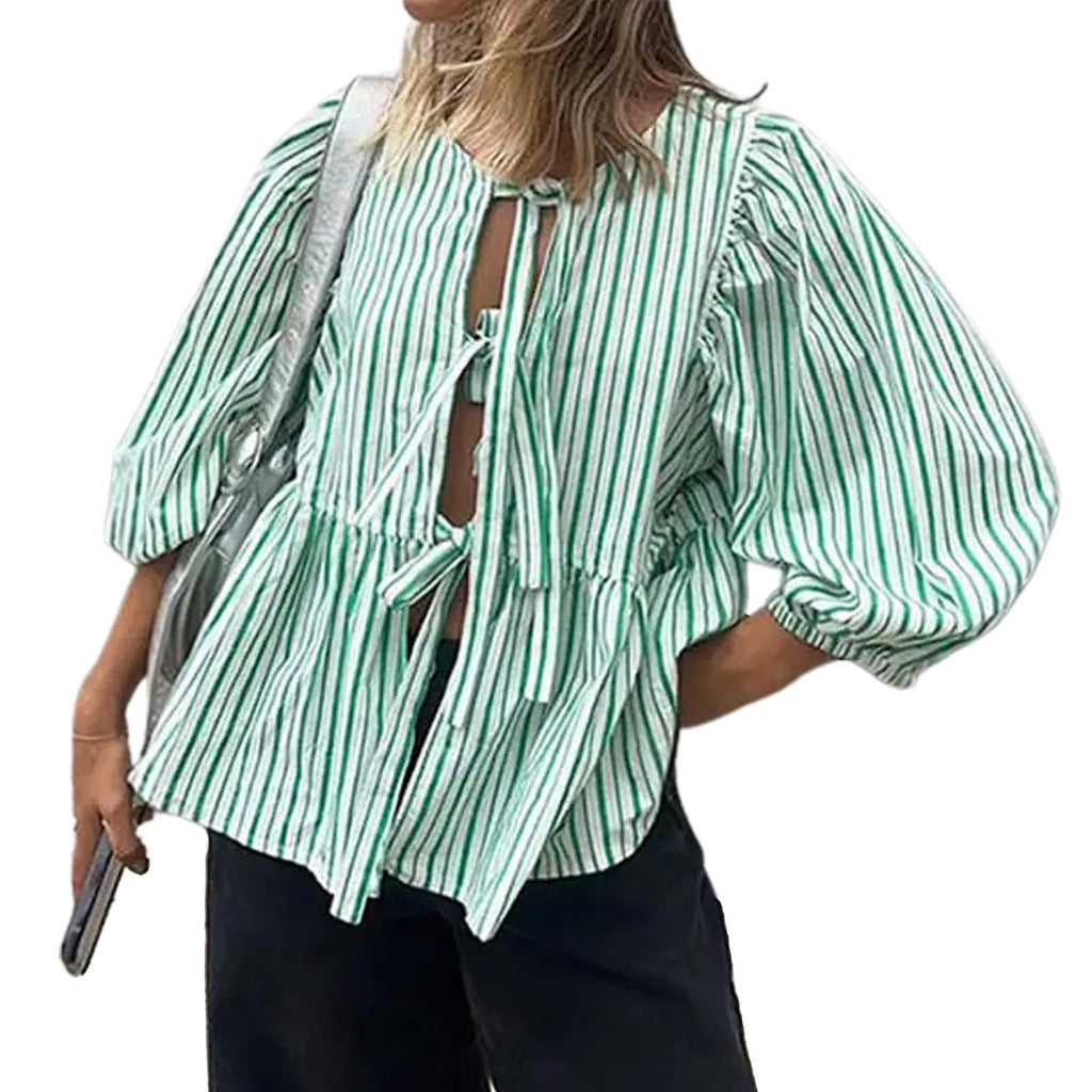 Tie Front Tops Womens Y2k Print Peplum Babydoll Top 3/4 Length Puff Sleeve Coquette Cute Going Out Tops