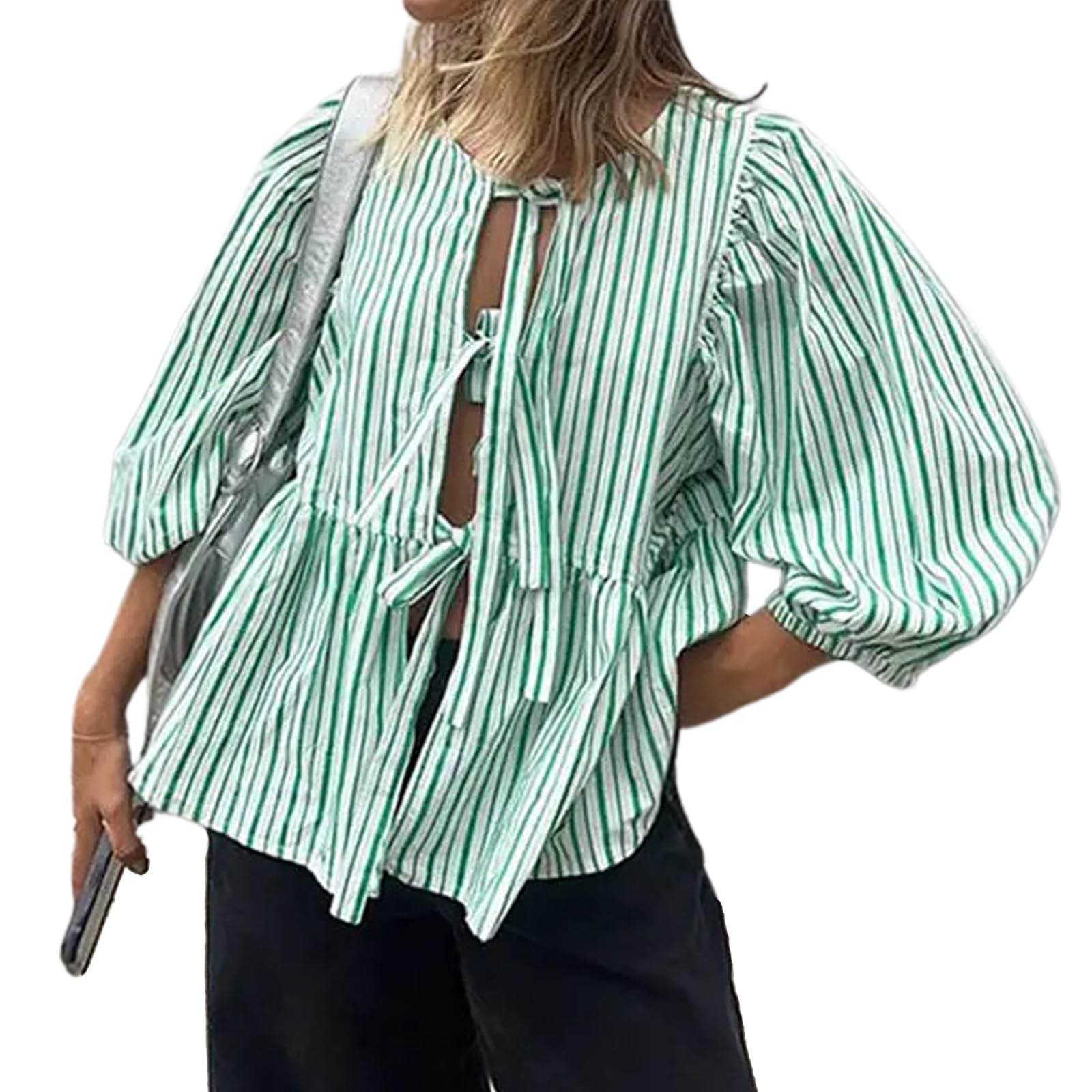 Tie Front Tops Womens Y2k Print Peplum Babydoll Top 3/4 Length Puff Sleeve Coquette Cute Going Out Tops